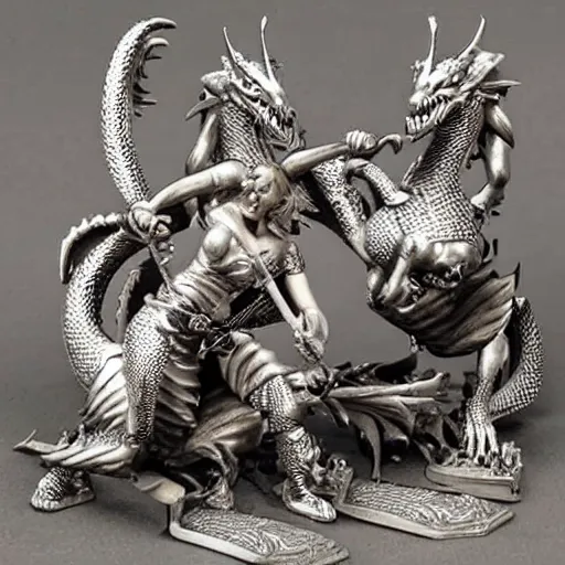 Image similar to woman barbarians slaying a silver dragon