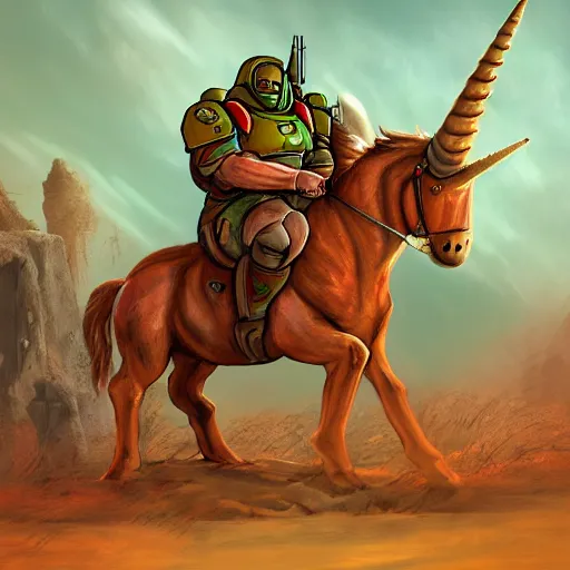 Image similar to doomguy riding a unicorn, game art, trending on artstation