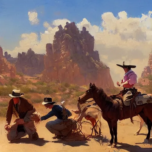 Image similar to greg manchess painting of a wild west town landscape in the year 1 8 5 0, painting, trending on artstation, by huang guangjian and gil elvgren and sachin teng