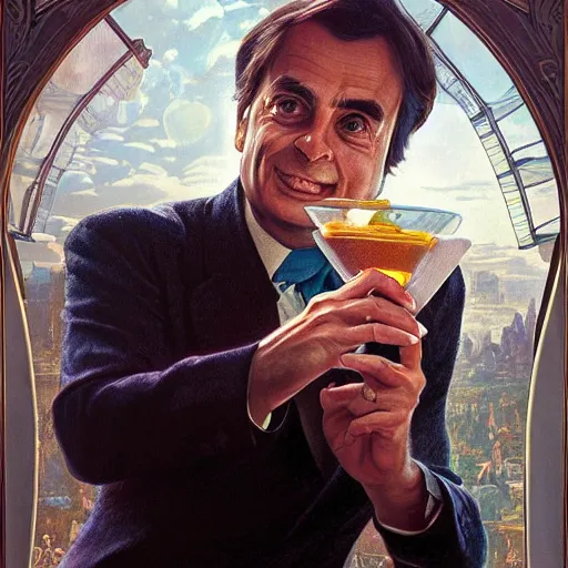 Image similar to portrait painting of carl sagan drinking a martini, ultra realistic, concept art, intricate details, serious, highly detailed, photorealistic, octane render, 8 k, unreal engine. art by artgerm and greg rutkowski and alphonse mucha