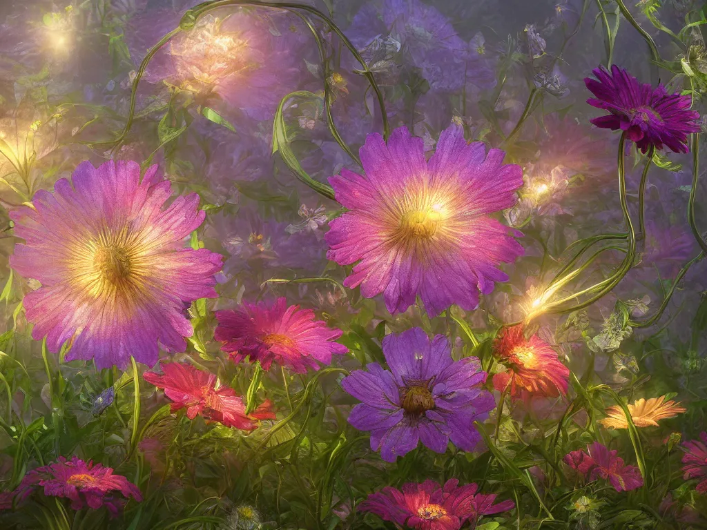 Image similar to 3d render of iridescent wildflowers, Sunlight Study, by Rachel Ruysch and Jan Davidsz de Heem and (((((Lisa Frank))))), Art Nouveau, 8k, extreme detail, sharp focus, octane render