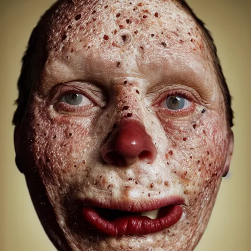 Prompt: portrait of man with facial deformity making the head a flat and circular disc, looking like a pizza, uneven skin with baked crust appearance, large freckles like burnt spots, cheeks look like tomato slices, muted colors, soft lighting, sharp focus, neutral background, masterpiece, photo by jimmy nelson, giger, cindy sherman