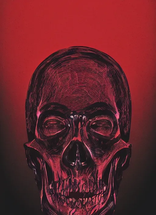 Image similar to dark design poster showing a close up of a heroic greco roman statue with skull, black background with very subtle red and purple design elements, powerful, nekro, vito acconci, thin straight lines, dark, glitch art, neo vaporwave, gritty, layout frame, square, trending on artstation