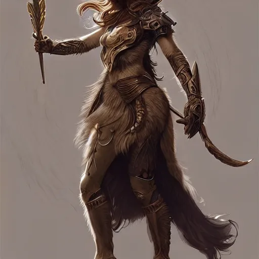 Image similar to long shot photo of a humanoid female she - wolf with wolf head were a heroic dress an armour in the forest, long hair, highly detailed, digital painting, artstation, smooth, sharp focus, illustration, art by artgerm and greg rutkowski and alphonse mucha