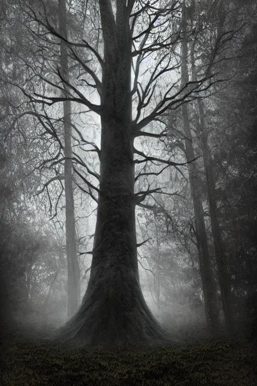 Prompt: cursed tree in the forest with a human like face | hyperdetailed | volumetric lighting | eerie atmosphere | larry elmore |