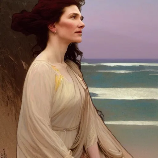 Image similar to a matte painting of cate blanchett watching the sunset wife by the beach, by greg rutkowski, by alphonse mucha, muted colors