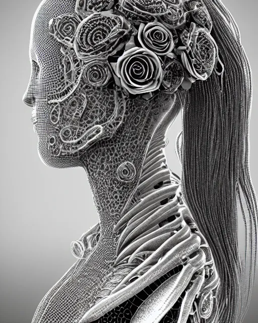 Image similar to mythical dreamy black and white organic bio - mechanical spinal ribbed profile face portrait detail of translucent steampunk beautiful female angelic - human - queen - vegetal - cyborg, highly detailed, intricate crystal ivy jelly ornate, poetic, translucent roses ornate, 3 d render, digital art, octane render, 8 k artistic photography, photo - realistic, by dora maar