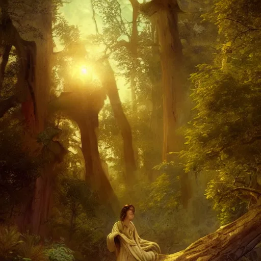 Image similar to sci-fi forest digital painting, artstation, concept art, soft light, hdri, smooth, sharp focus, illustration, fantasy, intricate, elegant, highly detailed, D&D, matte painting, in the style of Greg Rutkowski and Alphonse Mucha and artemisia, 8k, highly detailed, jurgens, rutkowski, bouguereau, pastoral, rustic, georgic