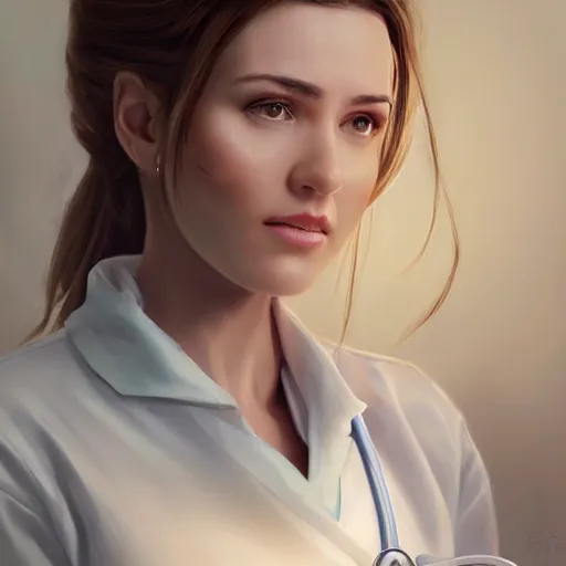 Image similar to an elegant and beautiful female doctor in a white coat working in a hospital ward, cinematic, highly detailed, digital painting, artstation, concept art, matte, sharp focus, illustration, art by artgerm and greg rutkowski