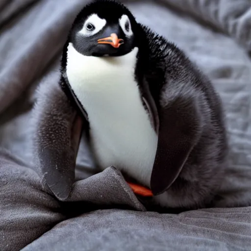 Image similar to baby penguin cuddling in a cosy bed