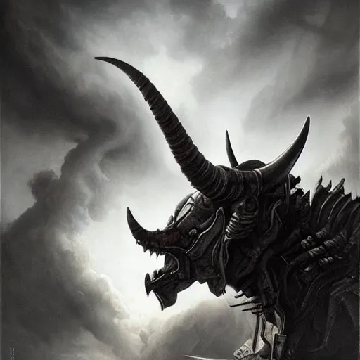 Prompt: By Tom Bagshaw and Boris Vallejo, ultra realist soft painting of a warzone by night, centered Gothic armored Minotaur standing, horror, omnious sky, symmetry accurate features, very intricate details, black and white, volumetric light clouds