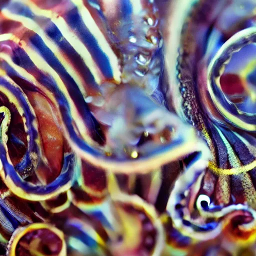 Image similar to fiery whimsical emotional eyes cephalopod, in a photorealistic macro photograph with shallow dof