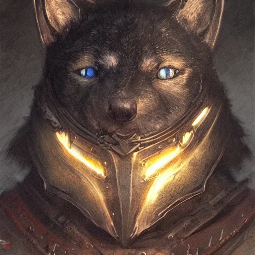 Image similar to skyrim ebony armor, realistic anthropomorphic shiba inu, fantasy, ebony armor glowing aura, by donato giancola and greg rutkowski and wayne barlow and zdzisław beksinski, realistic face, visible face, digital art, artstation, symmetry