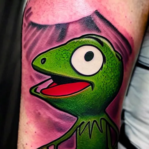 Prompt: tattoo of kermit the frog from sesame street dressed as the joker