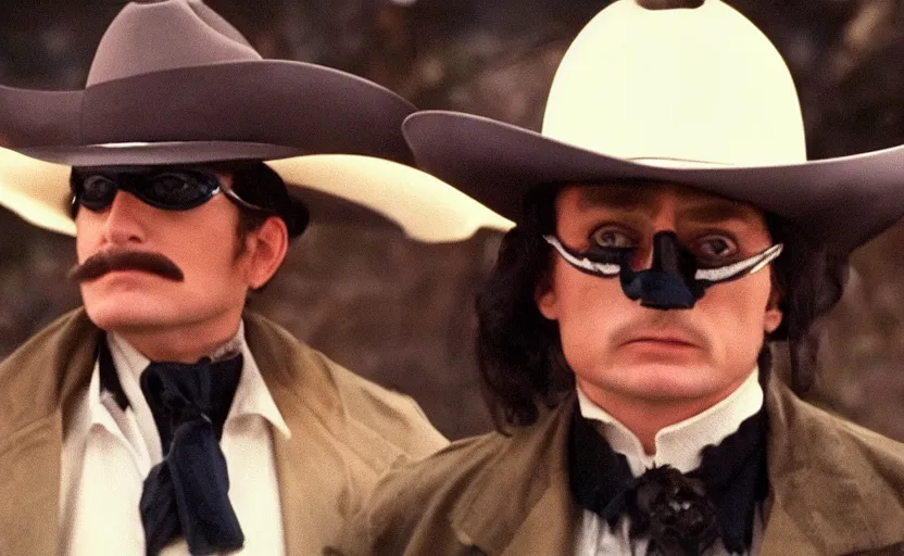 Image similar to screenshot of Tim Robinson wearing the Lone Ranger disguise, 1990s tv show, Walker Texas Ranger cinematography, hyper-detailed, sharp, kodak color, 4k