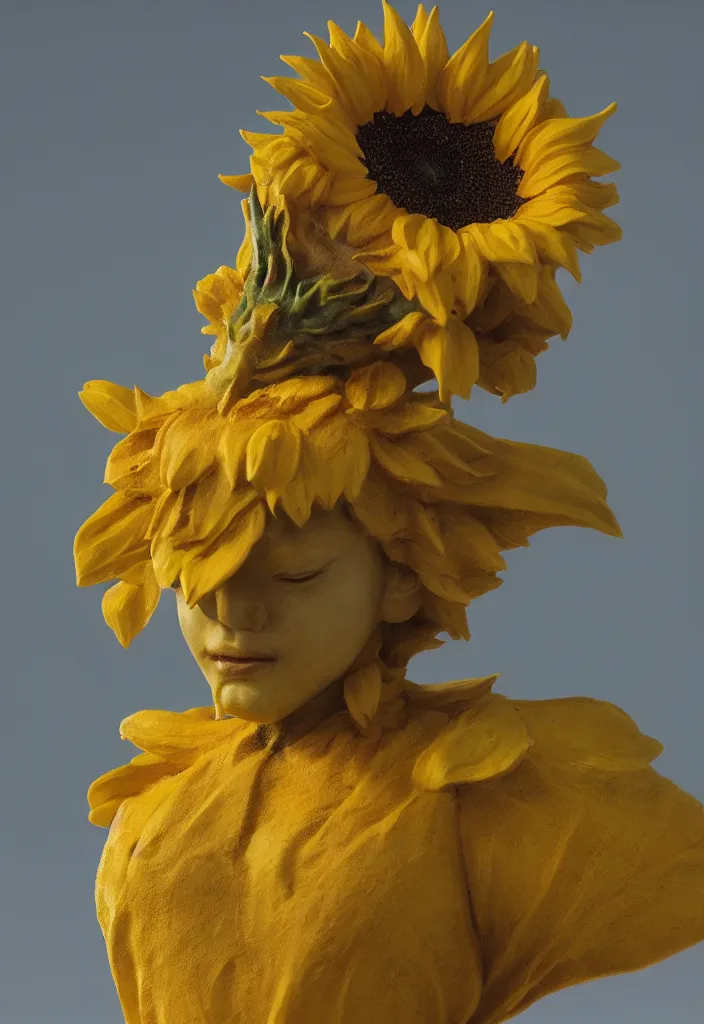 Prompt: a small hybrid sunflower statue by greg rutkowski, sung choi, mitchell mohrhauser, maciej kuciara, johnson ting, maxim verehin, peter konig, 8 k photorealistic, cinematic lighting, hd, high details, dramatic, atmosphereric, trending on artstation