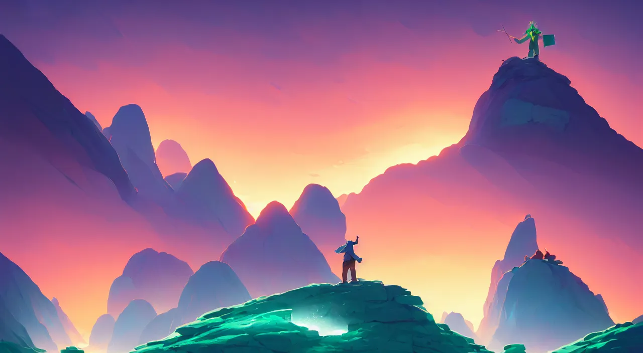 Image similar to a man who has a green square instead of a head in the middle of the ocean at sunset mountains are visible in the background, in marble incrusted of legends heartstone official fanart behance hd by Jesper Ejsing, by RHADS, Makoto Shinkai and Lois van baarle, ilya kuvshinov, rossdraws global illumination