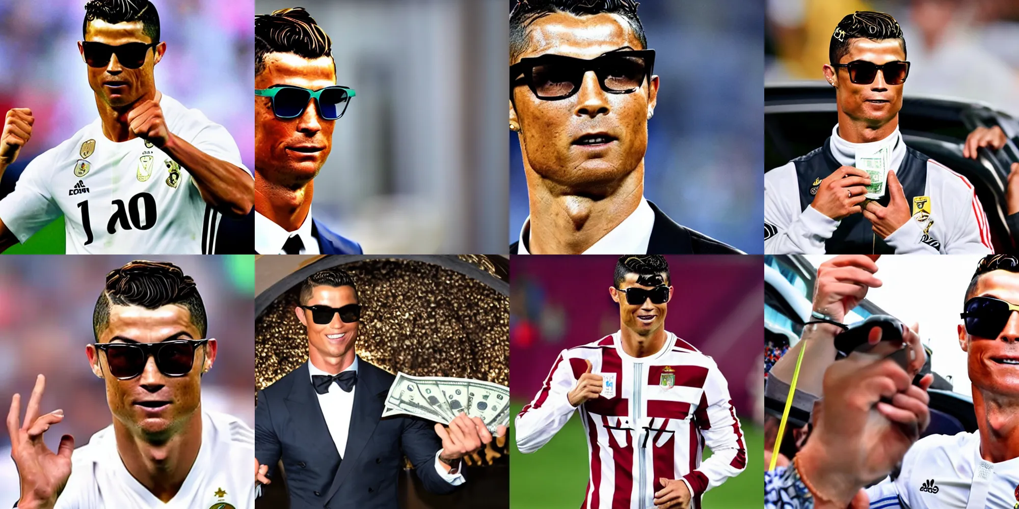 Prompt: Cristiano Ronaldo wearing cool glasses and holding dollars