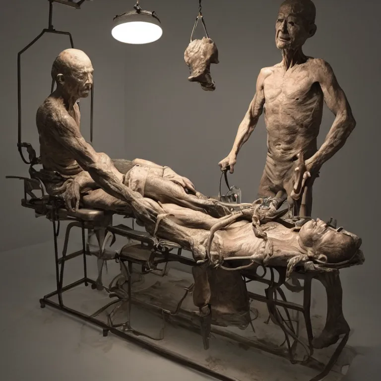 Image similar to hyperrealistic sculpture of a fossilized bronze chinese prisoner on an operating table in a cage on a pedestal, surrounded by surgeons, by ron mueck and duane hanson and lee bontecou and giacometti, hyperrealistic dramatic colored lighting trending on artstation 8 k