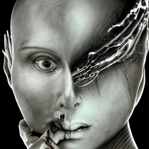 Image similar to portrait of eerily beautiful hairless avant-garde androgynous cyborg with shaved head and H.R. Giger clear tubes entering the side of her head and cheek, by Yoshitaka Amano