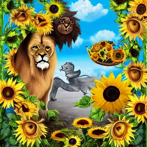 Image similar to lions and sunflowers 🌻🌫 in the style of salvador dali