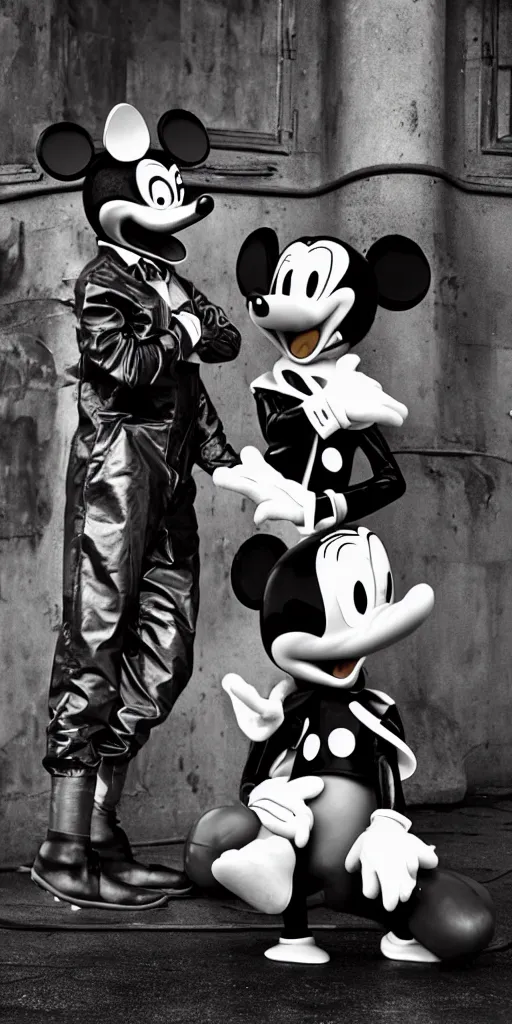 Image similar to close shot of donald duck and mickey mouse wearing latex outfits in front of berghain, berlin style, photography by sven marquardt, highly detailed, photorealistic, 4 k