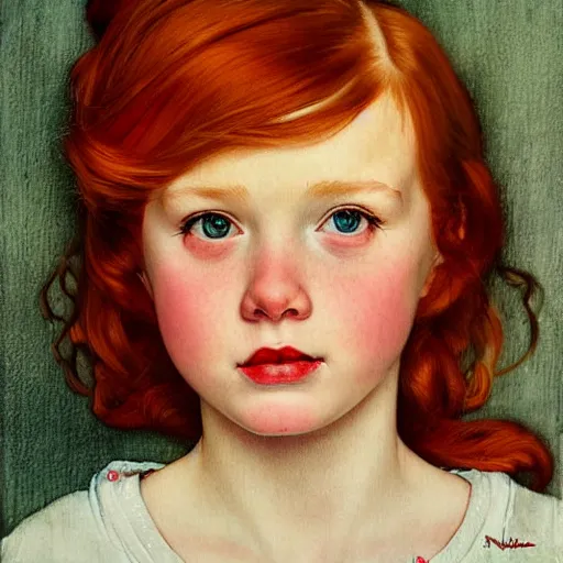 Prompt: A sad redhead girl portrait, center, artwork by Norman Rockwell, cinematic view, high quality