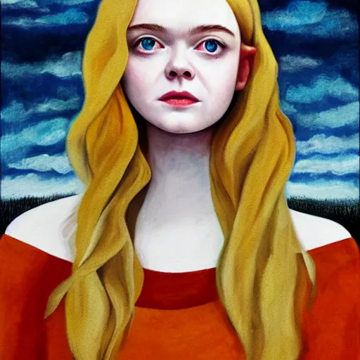 Prompt: professional painting of Elle Fanning in the style of Gustav Bauman, head and shoulders portrait, symmetrical facial features, smooth, sharp focus, illustration, intricate, stormy weather, extremely detailed masterpiece,