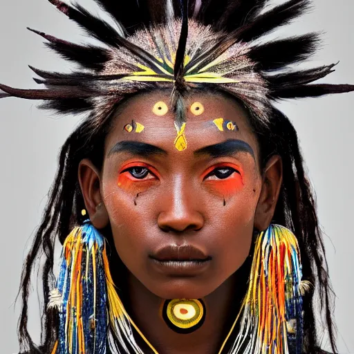 Image similar to minimalist photography portrait of an elaborately adorned female shaman warrior, face scars, symmetrical, super close up, mid thirties, cute round slanted eyes, ebony skin, wide nostrils, high cheekbones, high flat eyebrows, ethereal essence, angelic, leica 1 0 0 mm f 0. 8