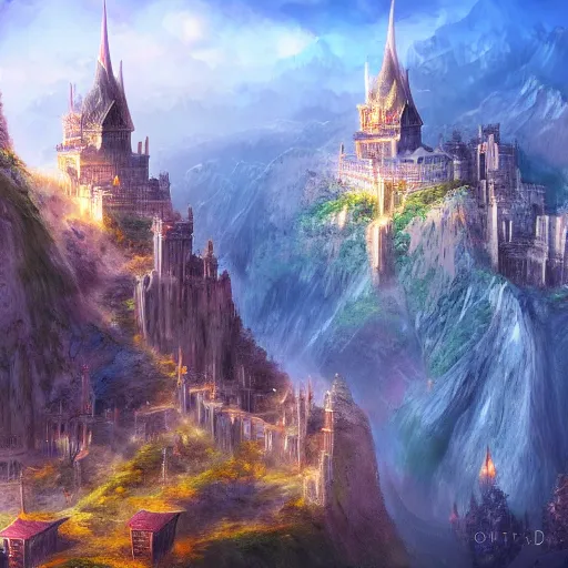 Prompt: the secret city of the elves gondolin on top of a mountain, highly detailed, digital painting, artstation, matte, sharp focus, impressionnisme, vivid color,