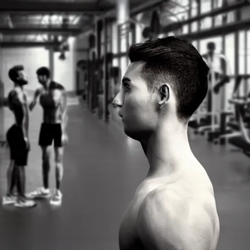 Image similar to a realistic detailed photo of a guy who is an attractive humanoid who is half robot and half humanoid, who is a male android, attractive and handsome jogger, shiny skin, posing like a statue, blank stare, in a factory, on display, showing off his muscles, wearing gym shorts, side view, looking at each other mindlessly