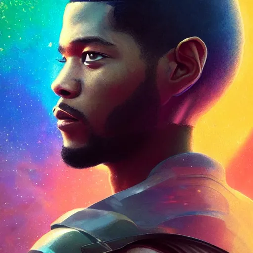 Image similar to scifi character portrait of Kid Cudi piloting a spaceship, light leak, rainbow spectrum, intricate, wild, highly detailed, digital painting, artstation, concept art, smooth, sharp focus, illustration, art by artgerm and greg rutkowski and alphonse mucha