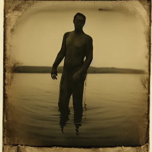 Image similar to A wet-collodion portrait of a man who is in a lake, half of his body is submerged while the other half is above the water, calming, serene, peaceful