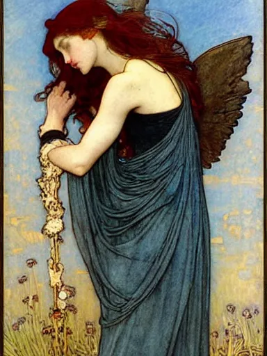 Image similar to a painting of a beautiful angel by rebecca guay and by john william waterhouse and by arthur rackham and by alphonse mucha, art noveau, detailed, proportional