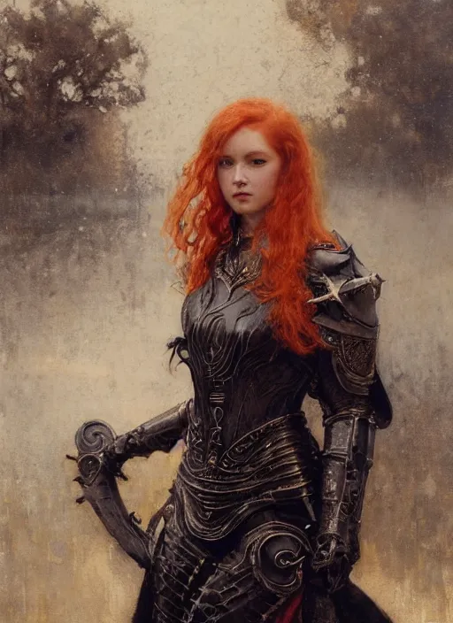 Image similar to young mischievous redheaded woman wearing black medieval armour, detailed, by gaston bussiere, bayard wu, greg rutkowski, giger, maxim verehin, greg rutkowski, masterpiece, sharp focus, cinematic lightning