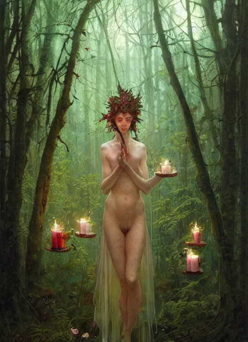 Image similar to a hyper realistic floating fairy shrine, candles, in the woods, gorgeous lighting, lush forest foliage, explosions painting by chiara bautista and tom bagshaw, mucha, beksinski and norman rockwell and greg rutkowski weta studio, and lucasfilm