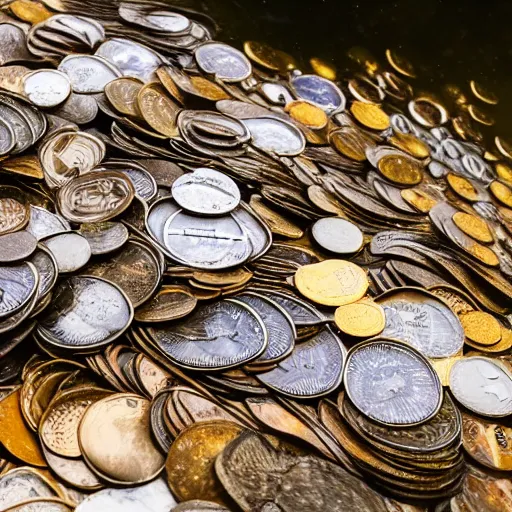 Image similar to a picture of a pile of coins underwater, it is raining, 50mm