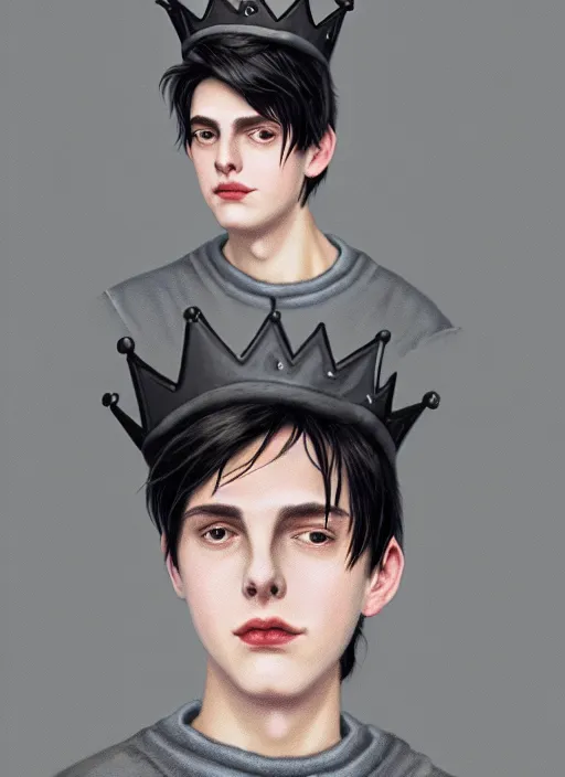 Image similar to portrait of teenage jughead jones wearing a light grey crown, photorealistic, crown, eyes closed, crown, black hair, sweater with letter s on it, letter s, intricate, elegant, glowing lights, highly detailed, digital painting, artstation, concept art, smooth, sharp focus, illustration, art by wlop, mars ravelo and greg rutkowski