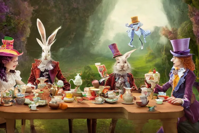 Prompt: Alice , the march hare and the mad hatter , at a long tea table , having a tea party , highly detailed, high quality, concept art, 8k, calm, trending on Artstation