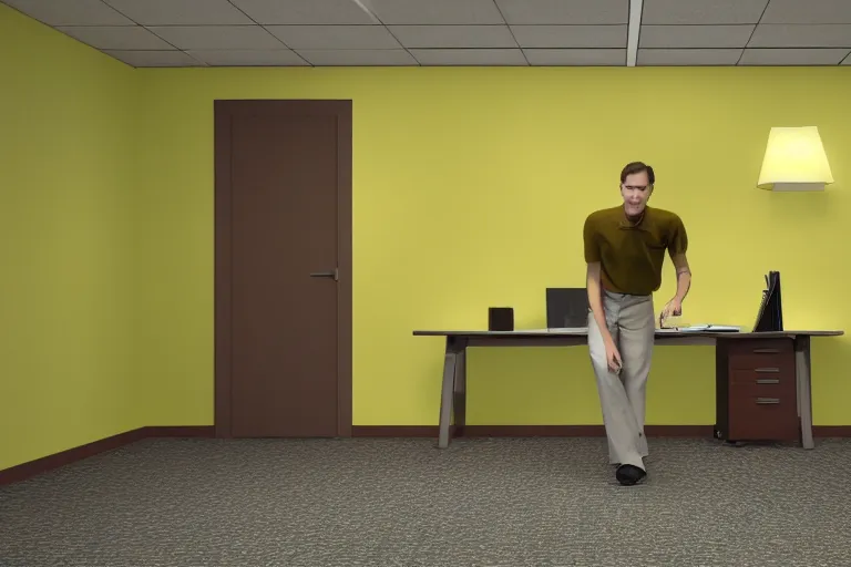 Image similar to 3 d render of jerma 9 8 5, jerma in endless halls of office space with worn light mono - yellow 7 0 s wallpaper, old moist carpet, and inconsistently - placed fluorescent lighting | liminal space | non - euclidean space | high octane | blender | 3 d render