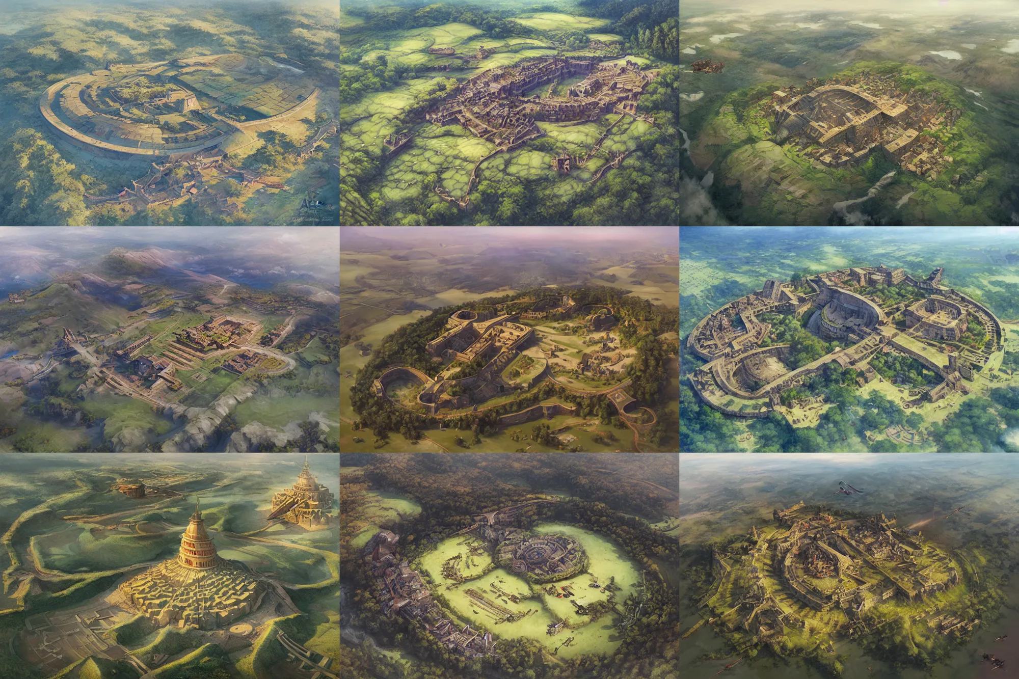 Prompt: motte-and-bailey, aerial view, art by artgerm and greg rutkowski and magali villeneuve