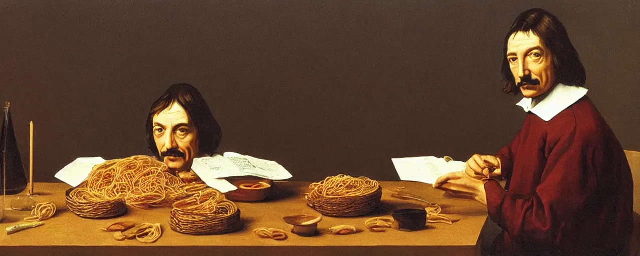 Prompt: rene descartes discussing spaghetti philosophy, 1 5 0 0 s, kodachrome, in the style of wes anderson, retro