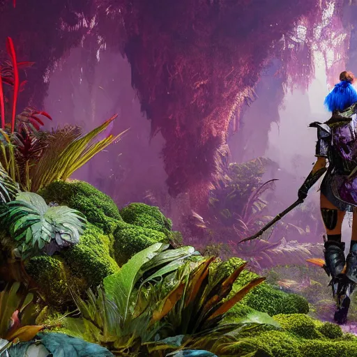 Image similar to explorer woman walking in animal fur armour, walking in a dense alien jungle with colourful red, blue and purple plants, large vines, mossy organic rock structures, in the style of monster hunter world, like concept art on artstation, hyperdetailed, vray render, octane render,