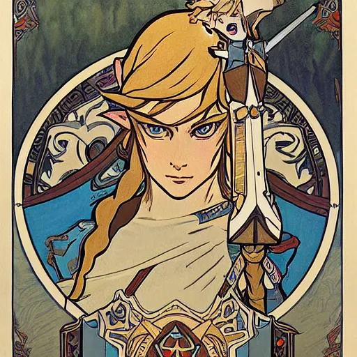 Image similar to a painting of the legend of zelda : breath of the wild by mucha