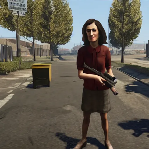 Prompt: anne frank holding gun in gta v