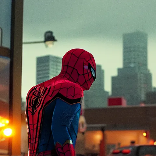 Prompt: spider-man eating in a mcdonald's, movie still, dramatic lighting, sunset, atmospheric dust, vintage film