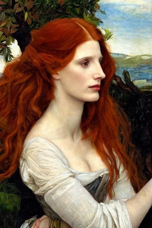 Image similar to a pre raphaelite painting of jessica chastain lazily looking at her iphone by dante gabriel rossett