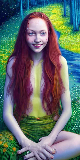 Image similar to infp young woman, smiling amazed, golden fireflies lights, sitting in the midst of nature fully covered, long loose red hair, intricate linework, bright accurate green eyes, small nose with freckles, oval shape face, realistic, expressive emotions, dramatic lights spiritual scene, hyper realistic ultrafine art by michael cheval, jessica rossier, boris vallejo