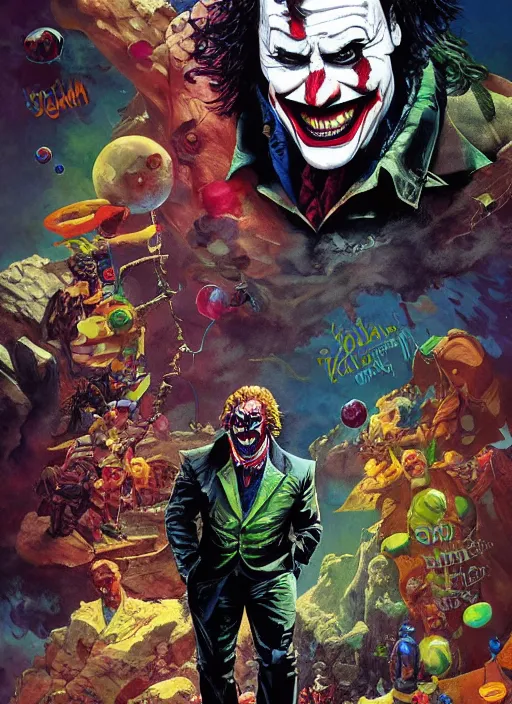 Image similar to dwayne johnson as joker, movie shot, crazy make up clown, impressive, trippy, by katsuya terada and albert bierstadt and dan mumford, hd, artstation