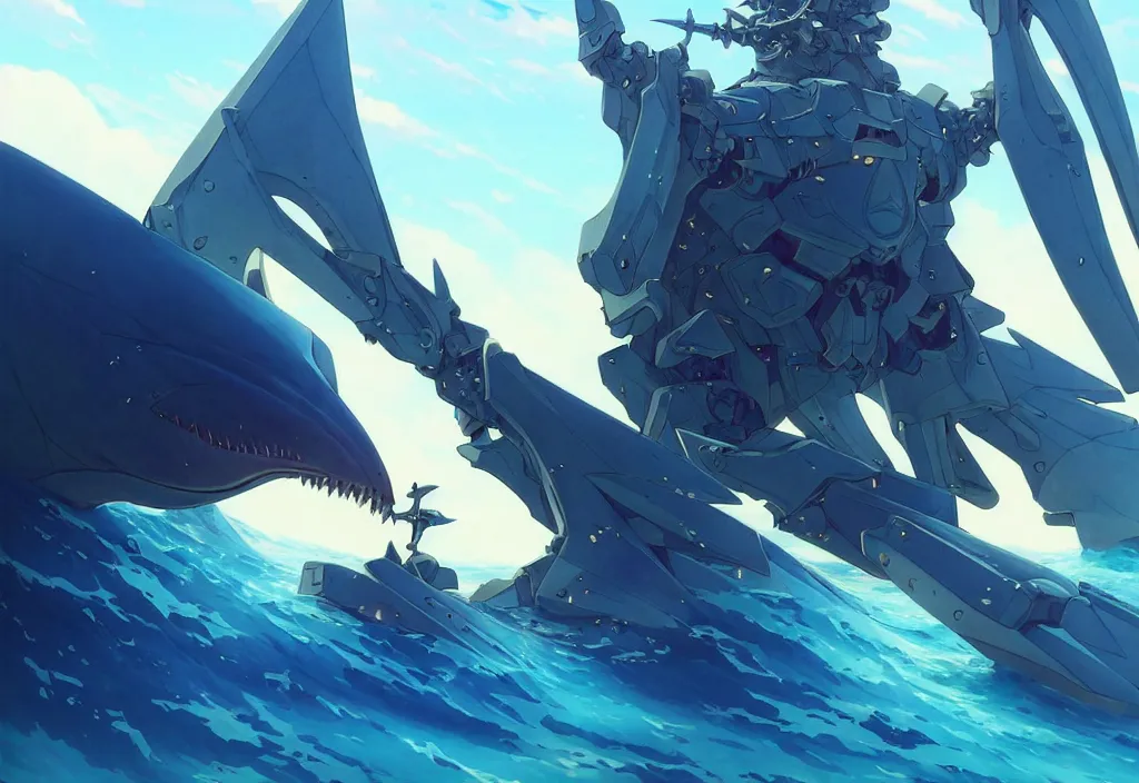 Image similar to close up of a extremely beautiful and aesthetic mech armor witch holding a symmetrical trident, highly detailed face, attractive symmetrical eyes, back shark fin, big wave horizon, dynamic model pose, slightly smiling, blue sky, big blade whale and black giants mech minotaurus, epic scene, fantasy illustrations, by makoto shinkai and peter mohrbacher and ferdinand knab